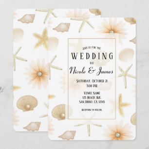 Invitación Conchas marinas y flores de Peach Beach para boda