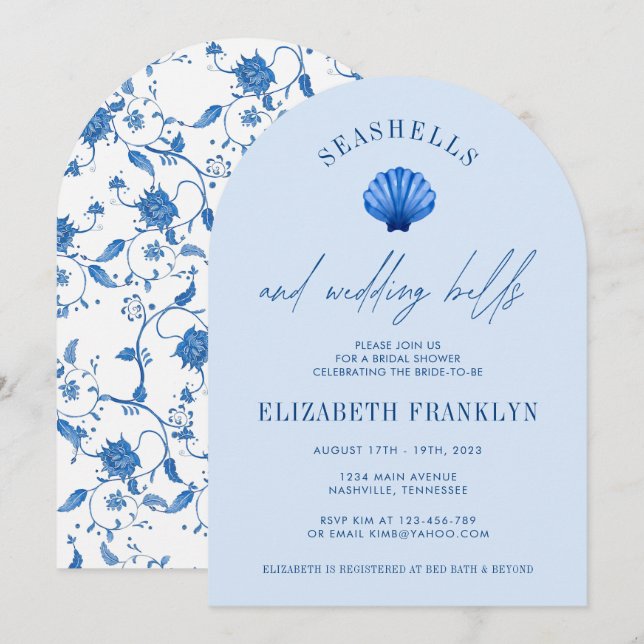 Invitación Conchas y Campanas de Boda Costeras DUCHA NUPCIAL (Anverso / Reverso)