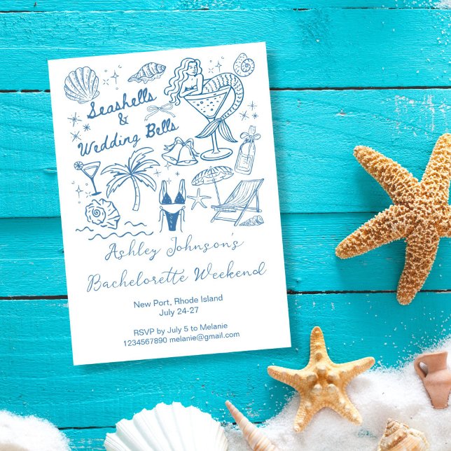 Invitación Conchas y campanas de boda sirena Despedida de sol (Seashells and wedding bells mermaid beach seaside Bachelorette weekend Invitation cards template)