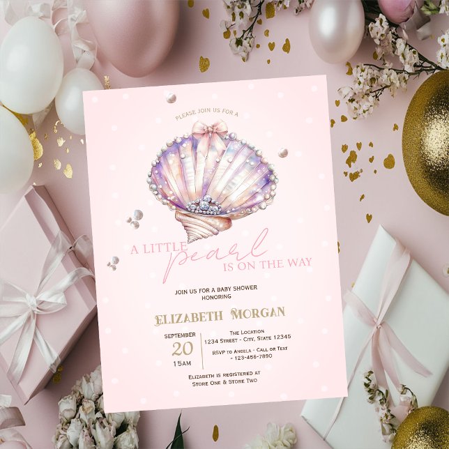 Invitación Conchitas Perlas Diamantes Puntos  Fiesta de Bebé (Subido por el creador)