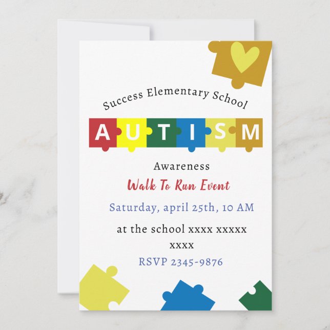 Invitación Conciencia sobre el autismo en la escuela primaria (Anverso)