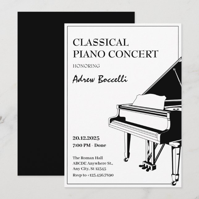 Invitación Concierto clásico elegante de piano (Anverso / Reverso)
