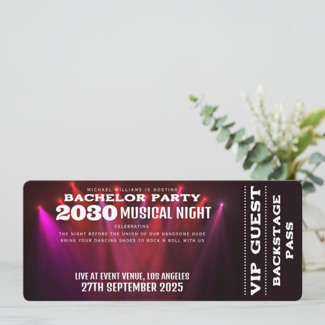 Invitación Concierto de música Ticket VIP Y RSVP Bachelor Par (Anverso de pie)