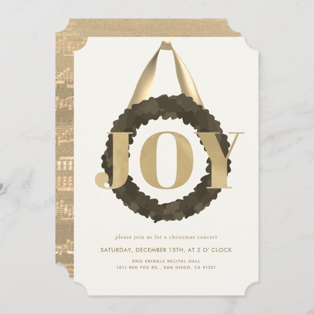 Invitación Concierto de Navidades de Wreath verde JOY Gold (Anverso / Reverso)