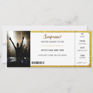 Invitación Concierto Sorpresa Brillo Dorado Entrada con Purpu