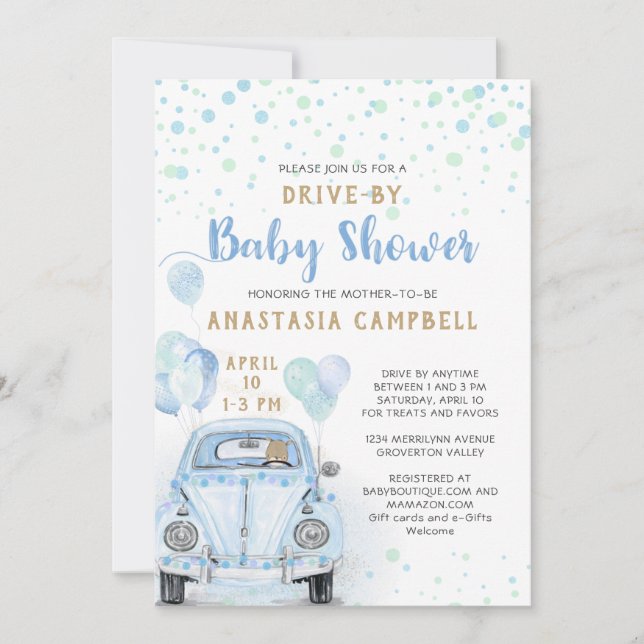 Invitación Conducción a través de Boy Baby Shower Blue Car Go (Anverso)