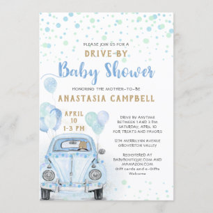 Invitación Conducción a través de Boy Baby Shower Blue Car Go
