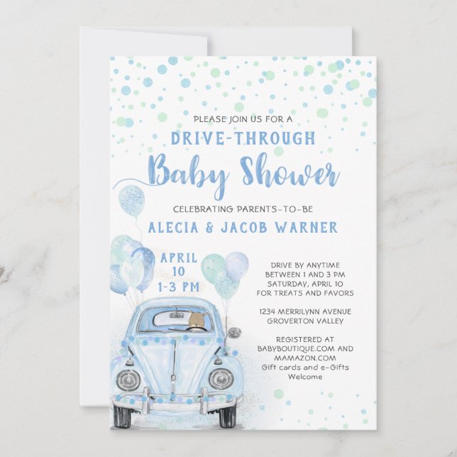 Invitación Conducción a través del auto azul Baby Shower Boy (Anverso)
