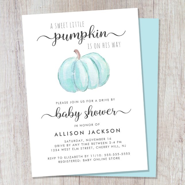 Invitación Conducción por Baby Boy Shower Calabaza Azul (Celebrate the upcoming arrival of your autumn baby boy with a pumpkin-themed drive by baby shower)