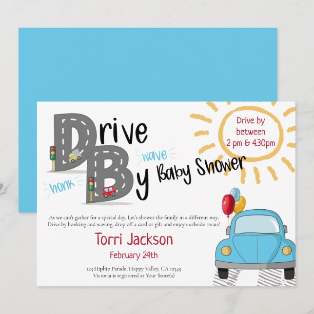 Invitación Conducción por Baby Shower Blue Car y Balloons (Anverso / Reverso)