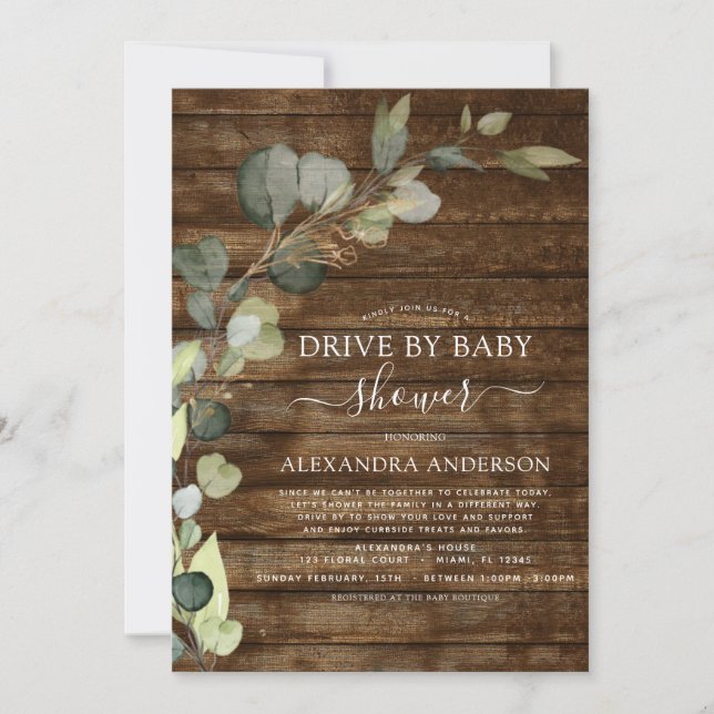 Invitación Conducción Por Baby Shower Greenery Eucalyptus (Anverso)