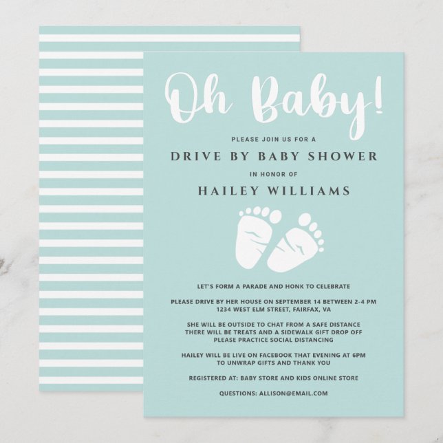 Invitación Conducción Por Baby Shower Oh Baby Pies Blancos (Anverso / Reverso)