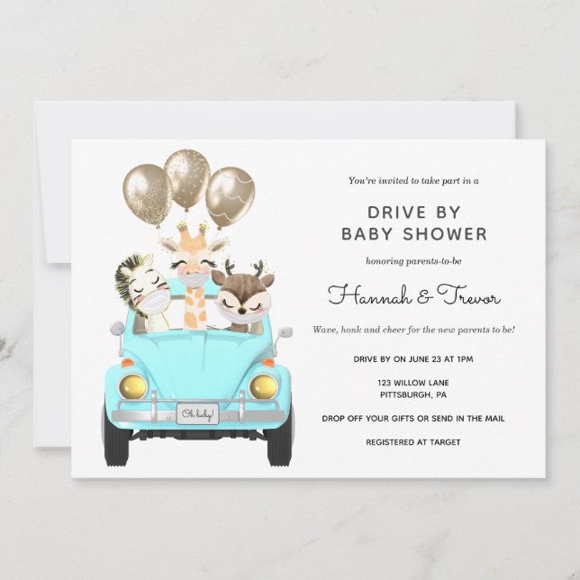 Invitación Conducción Por Baby Shower Parade Blue Car (Anverso)