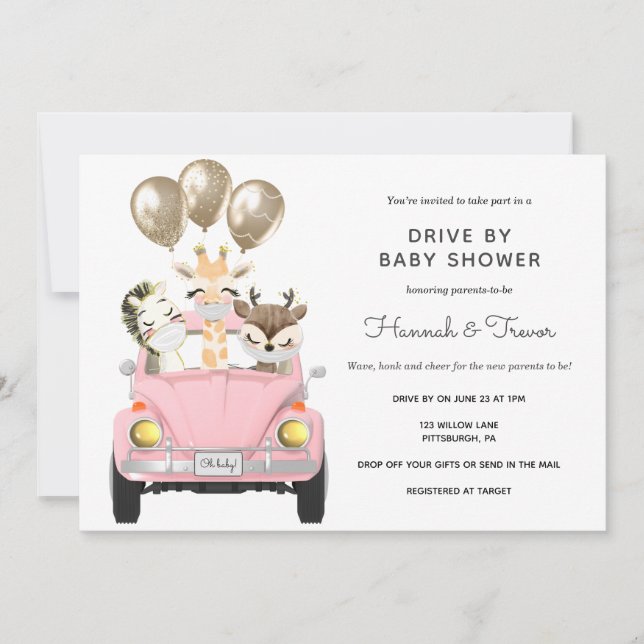 Invitación Conducción Por Baby Shower Parade Pink Car (Anverso)