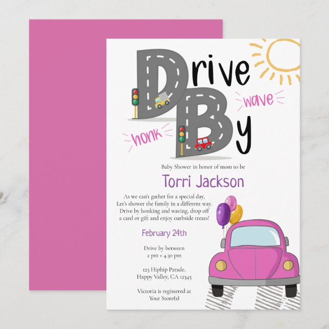 Invitación Conducción por Baby Shower Pink Car para Chica (Anverso / Reverso)