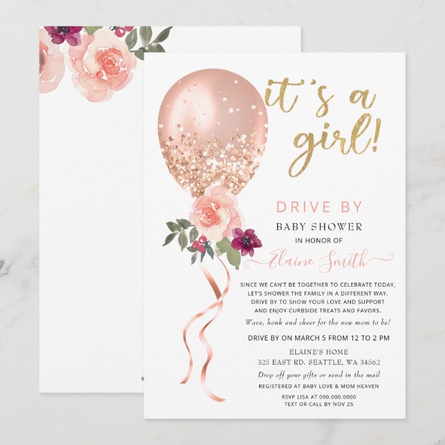 Invitación Conducción por Baby Shower Purpurina rosa con glob (Anverso / Reverso)