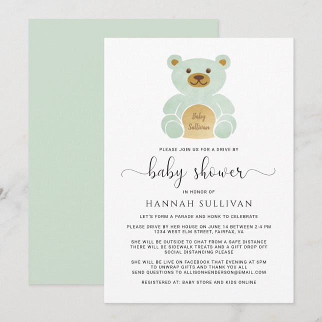 Invitación Conducción Por Baby Shower Teddy Bear Green Gold M (Anverso / Reverso)