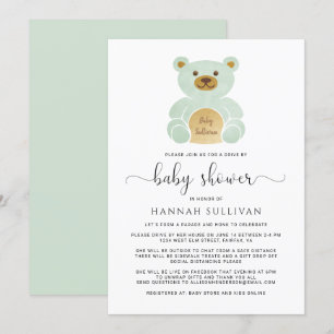Invitación Conducción Por Baby Shower Teddy Bear Green Gold M