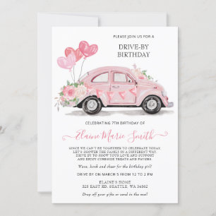 Invitación Conducción por Birthday Watercolor Floral Pink Car