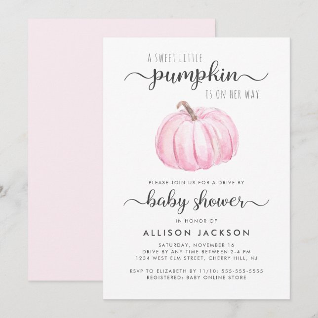 Invitación Conducción Por Calabaza Rosa Acuarela Niña Ducha B (Anverso / Reverso)