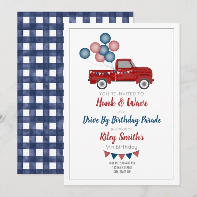 Invitación Conducción por cumpleaños Fiesta de distanciamient (Anverso / Reverso)
