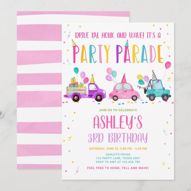 Invitación Conducción Por Desfile De Fiestas De Cumpleaños A  (Anverso / Reverso)