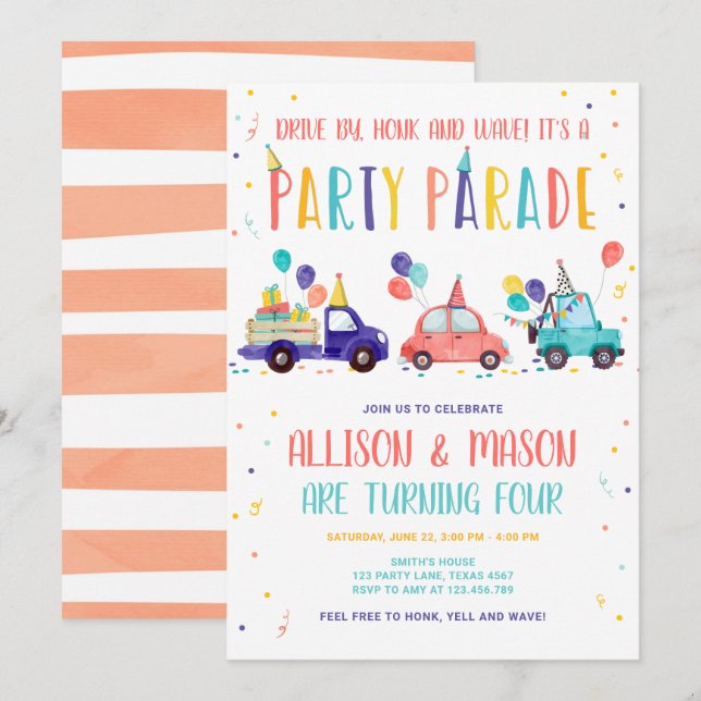 Invitación Conducción Por El Desfile De Fiestas De Cumpleaños (Anverso / Reverso)