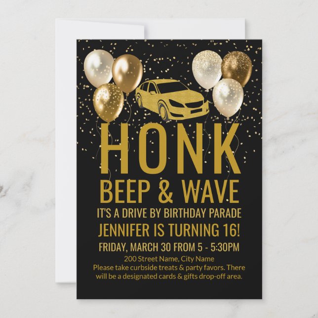Invitación Conducción por el desfile de fiestas de cumpleaños (Anverso)