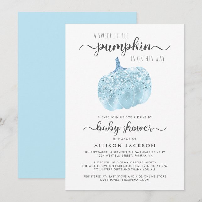 Invitación Conducción por el Purpurina azul calabaza Baby Sho (Anverso / Reverso)