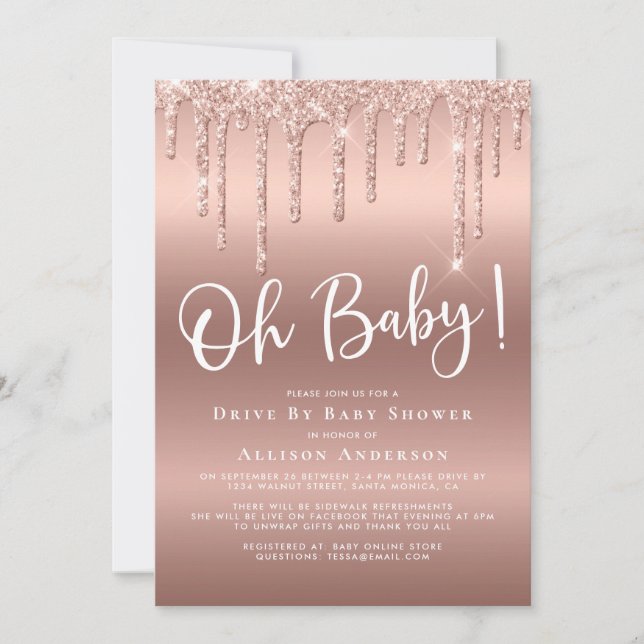 Invitación Conducción Por El Purpurina De Baby Shower Drip Ro (Anverso)