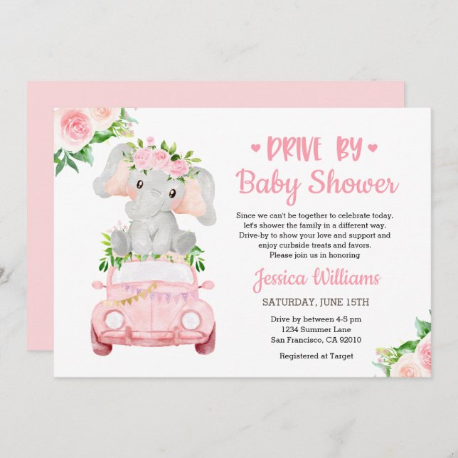 Invitación Conducción Por Elephant Baby Shower Chica (Anverso / Reverso)
