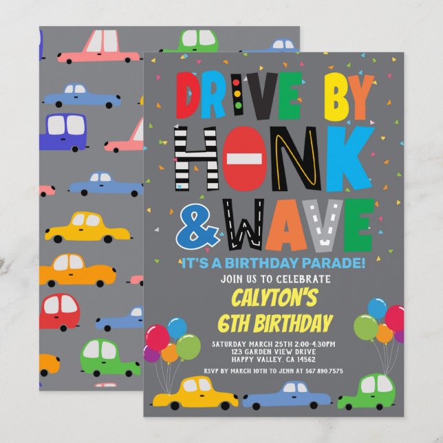 Invitación Conducción Por Niño Desfile De Cumpleaños Coches C (Anverso / Reverso)