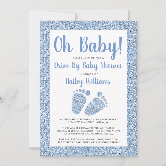Invitación Conducción por Oh Baby Blue Purpurina Feed Baby Sh (Anverso)