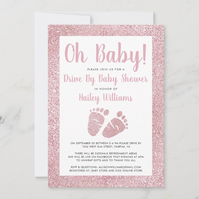 Invitación Conducción por Oh Baby Pies Purpurina Rosado Baby  (Anverso)