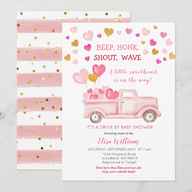 Invitación Conducción Por Valentine SCariño Baby Shower (Anverso / Reverso)