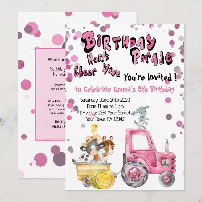 Invitación Conducción Rosada Por Animales De Granja De Cumple (Anverso / Reverso)