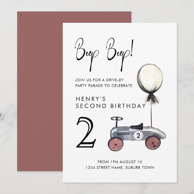 Invitación Conduce por el 2º Desfile de Cumpleaños Coche Retr (Anverso / Reverso)