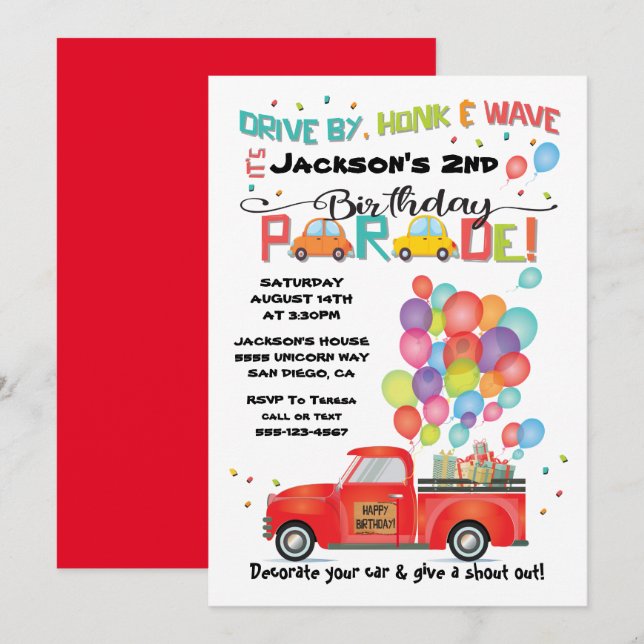 Invitación Conduce por el desfile de fiestas de Truck BIrthda (Anverso / Reverso)
