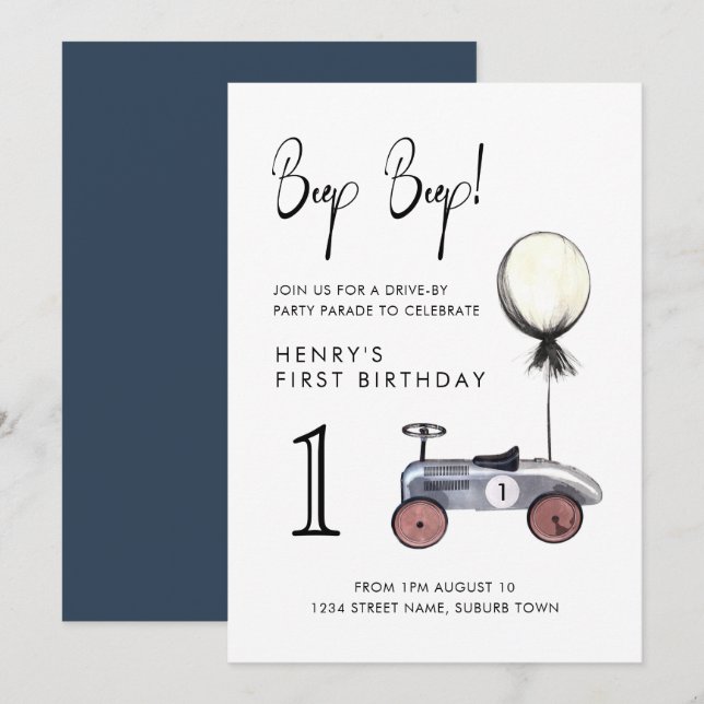 Invitación Conduce por el primer Desfile de Cumpleaños Retro  (Anverso / Reverso)