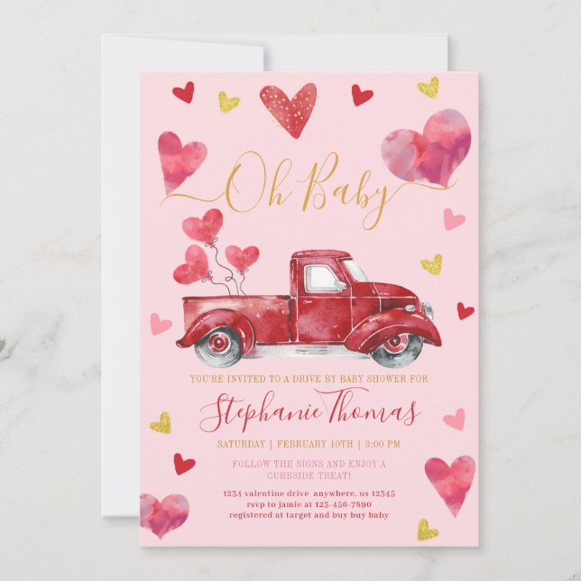Invitación Conduce por Pink Valentine Baby Shower con corazon (Anverso)