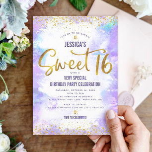 Invitación Conduce por Sweet 16 Morple Watercolor Gold Birthd