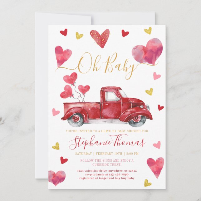 Invitación Conduce por Valentine Baby Shower con corazones (Anverso)