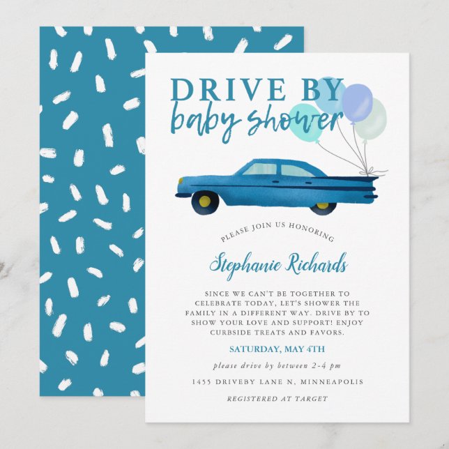 Invitación Conducido Por Baby Shower Blue Car Parade (Anverso / Reverso)
