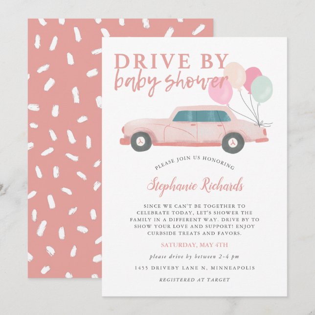 Invitación Conducido Por Baby Shower Pink Car Desfile (Anverso / Reverso)
