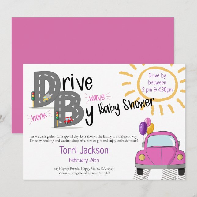 Invitación Conducido por Baby Shower Pink Car y Balloons (Anverso / Reverso)