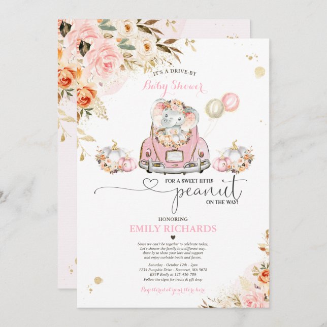Invitación Conducido Por Baby Shower Pink Gold Elephant Pumpk (Anverso / Reverso)
