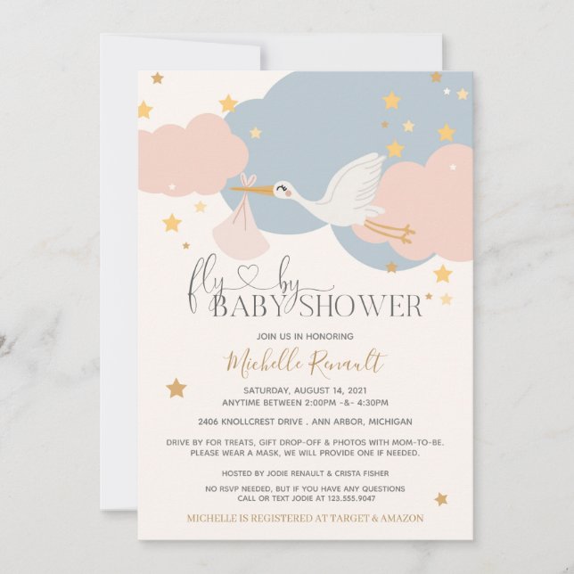 Invitación Conducido por "Volar por" Stork Es un Baby Shower  (Anverso)