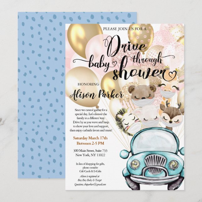 Invitación Conducir a través de Baby Shower | Amigos Safari m (Anverso / Reverso)