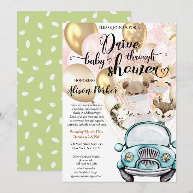 Invitación Conducir a través de Baby Shower | Amigos Safari m (Anverso / Reverso)