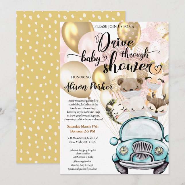 Invitación Conducir a través de Baby Shower | Amigos Safari m (Anverso / Reverso)